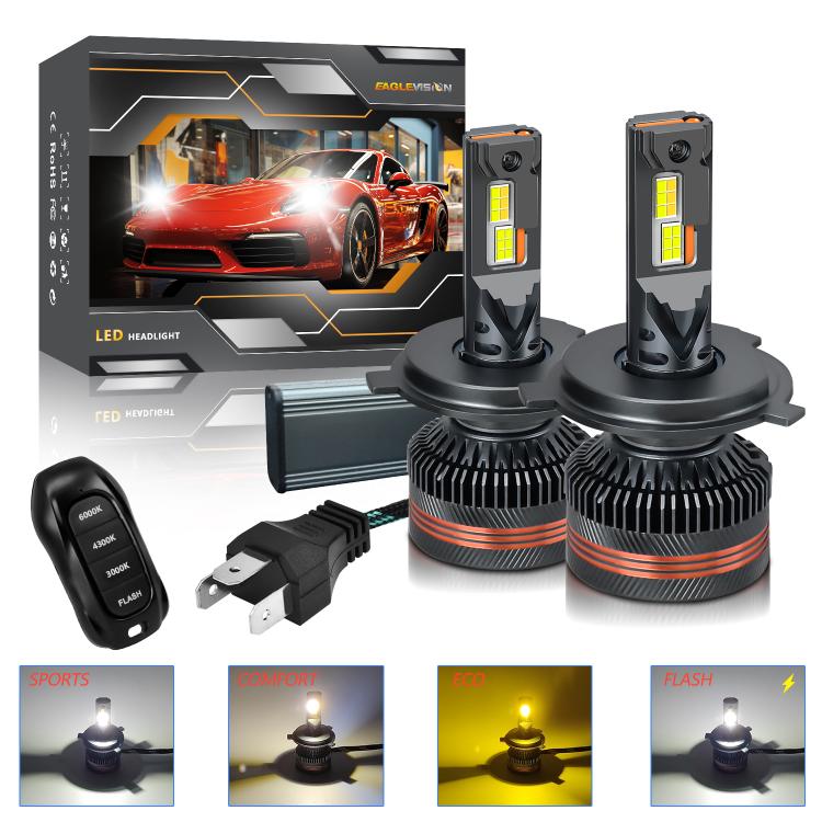 2pcs/Pack 60W 8000LM 6000K Three Color Remote Control Car LED Headlight Bulb, 9005, 9006, H1, H4, H7, H11