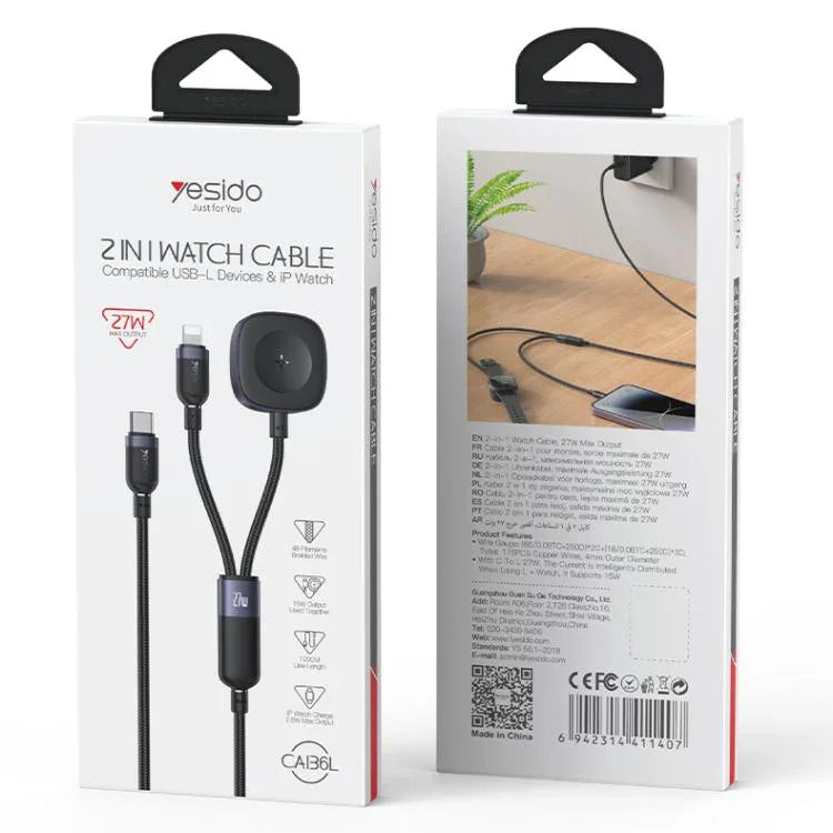 Cáp sạc 2 trong 1 Yesido CA136L 27W USB-C / Type-C sang 8 Pin & iWatch, CA136L
