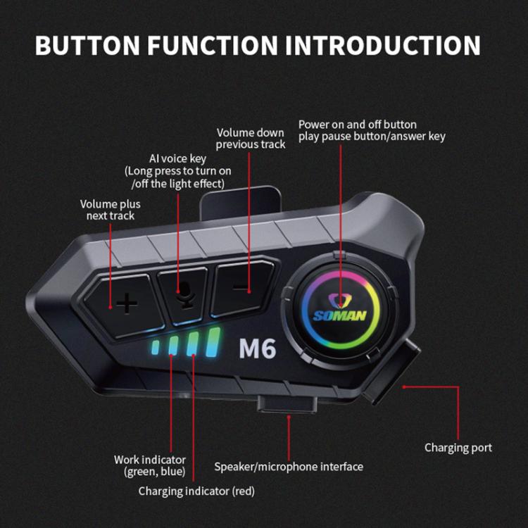 Tai nghe Bluetooth mũ bảo hiểm xe máy SOMAN với micro thoại stereo, M6-Mic cứng, M6-Mic mềm