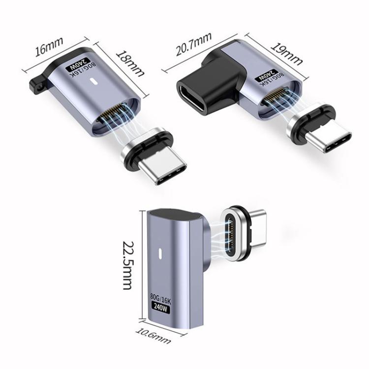 Bộ chuyển đổi hút nam châm PD240W 80Gbps 60K Type-C đực sang cái, đầu thẳng, đầu gập, đầu gập bên