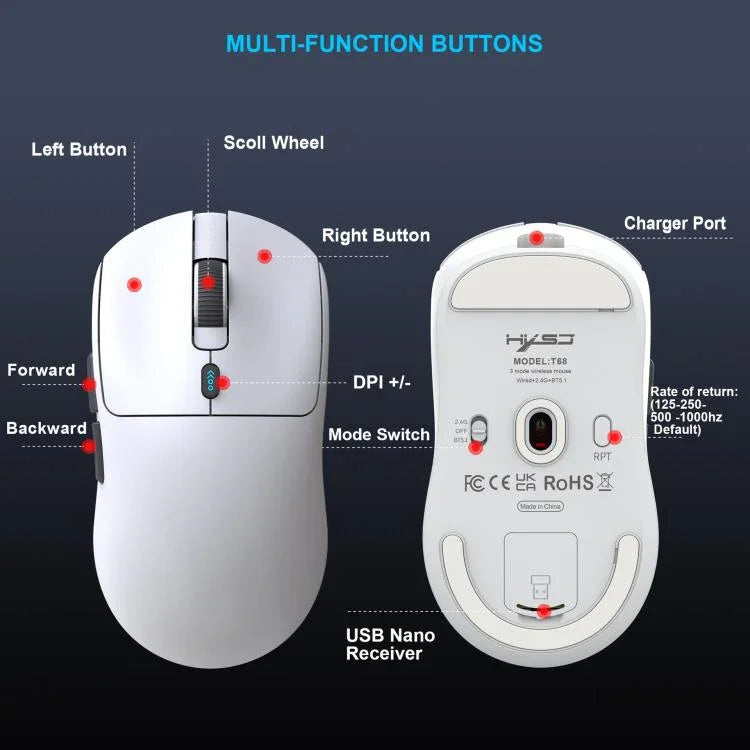 Chuột chơi game nhẹ HXSJ T68 ba chế độ có dây và không dây 2.4G BT5.1, T68