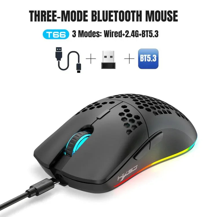 Chuột RGB có dây và không dây HXSJ T66 ba chế độ 2.4G BT5.3 có thể sạc lại, T66