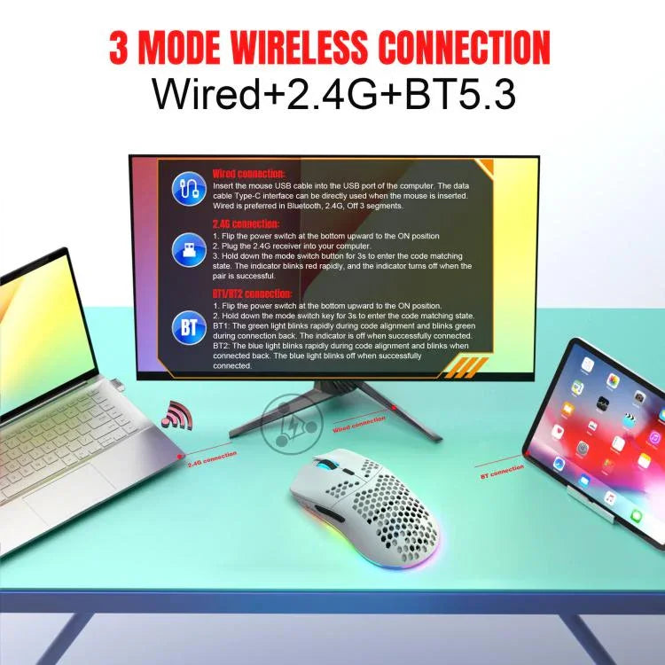 Chuột RGB có dây và không dây HXSJ T66 ba chế độ 2.4G BT5.3 có thể sạc lại, T66