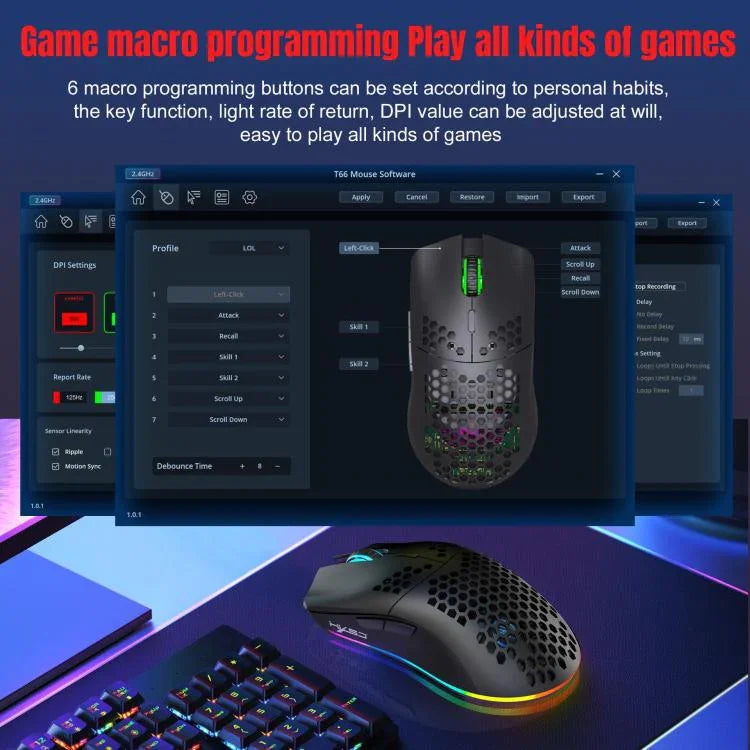 Chuột RGB có dây và không dây HXSJ T66 ba chế độ 2.4G BT5.3 có thể sạc lại, T66