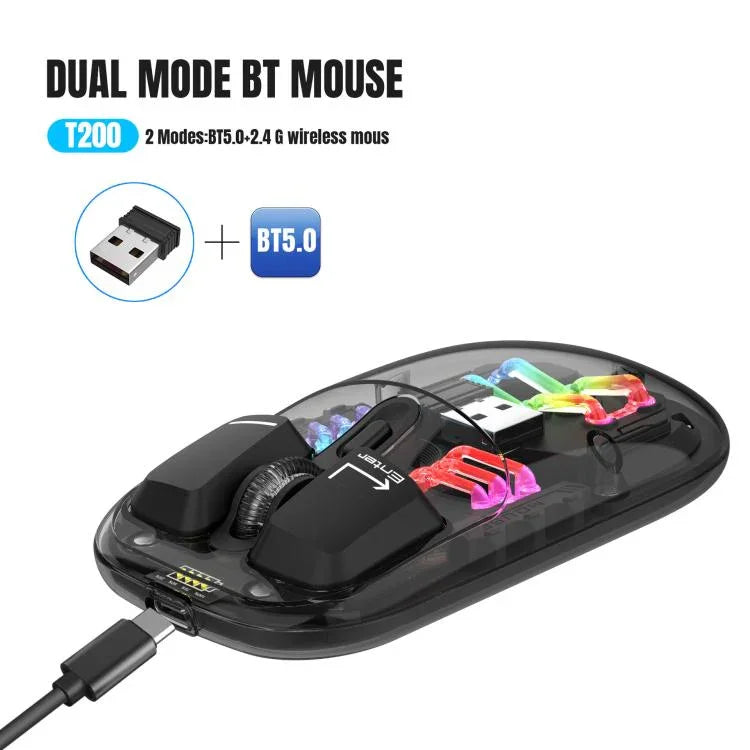 Chuột không dây RGB trong suốt HXSJ T200 hai chế độ 2.4G BT5.0, T200