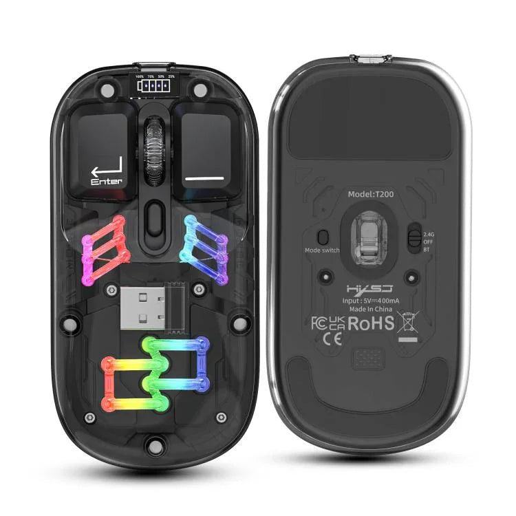 Chuột không dây RGB trong suốt HXSJ T200 hai chế độ 2.4G BT5.0, T200