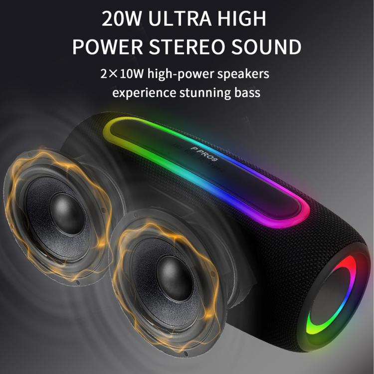 Loa không dây RGB ngoài trời PRO9 20W chống nước IPX6, loa thanh stereo kèm loa siêu trầm