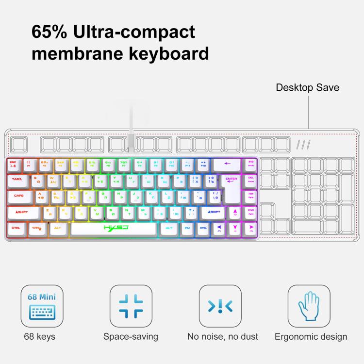 Bàn phím cơ có dây phiên bản Nga HXSJ V200 RGB đèn nền 68 phím, chiều dài cáp: 1,7m, V200 phiên bản Nga trắng