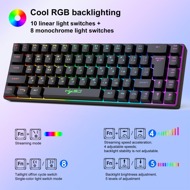 Bàn phím cơ có dây phiên bản Nga HXSJ V200 RGB đèn nền 68 phím, chiều dài cáp: 1,7m, V200 phiên bản Nga trắng