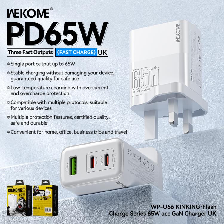 Sạc nhanh WK WP-U66 Kinkong 65W USB-C / Type-C đôi + USB GaN, phích cắm UK, phích cắm US, phích cắm EU