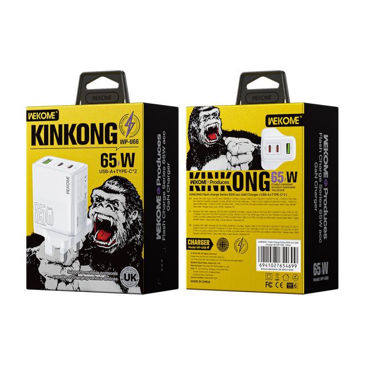 Sạc nhanh WK WP-U66 Kinkong 65W USB-C / Type-C đôi + USB GaN, phích cắm UK, phích cắm US, phích cắm EU