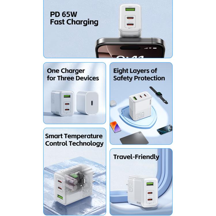 Sạc nhanh WK WP-U66 Kinkong 65W USB-C / Type-C đôi + USB GaN, phích cắm UK, phích cắm US, phích cắm EU