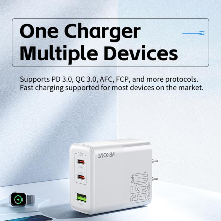 Sạc nhanh WK WP-U66 Kinkong 65W USB-C / Type-C đôi + USB GaN, phích cắm UK, phích cắm US, phích cắm EU