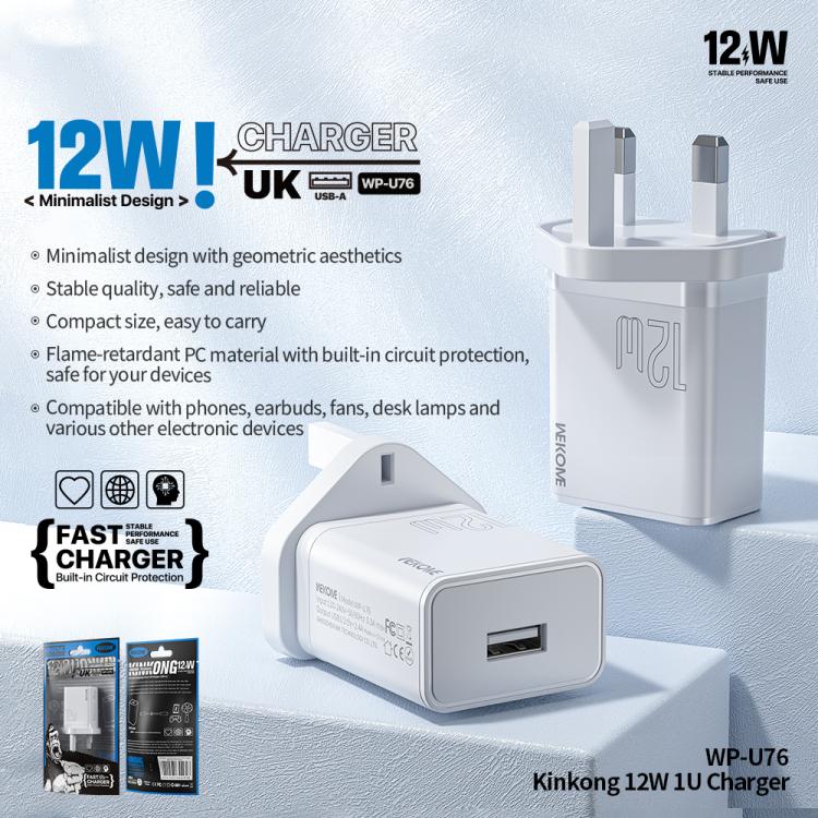 Bộ sạc WK WP-U76 Kinkong 12W USB, phích cắm UK, phích cắm US, phích cắm EU