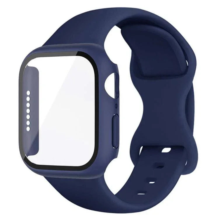 Dây đồng hồ silicone khóa bướm kèm ốp PC tích hợp kính cường lực, dành cho Apple Watch Series 44mm, dành cho Apple Watch Series 40mm, dành cho Apple Watch Series 10 / 11 46mm, dành cho Apple Watch Series 10 / 11 42mm, dành cho Apple Watch Series 45mm