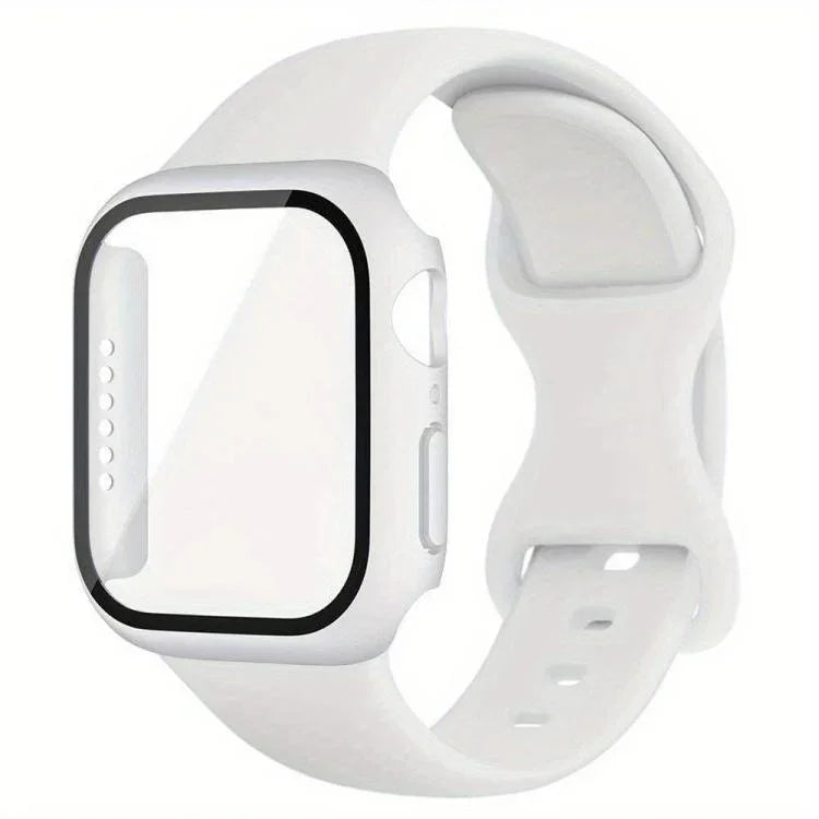 Dây đồng hồ silicone khóa bướm kèm ốp PC tích hợp kính cường lực, dành cho Apple Watch Series 44mm, dành cho Apple Watch Series 40mm, dành cho Apple Watch Series 10 / 11 46mm, dành cho Apple Watch Series 10 / 11 42mm, dành cho Apple Watch Series 45mm