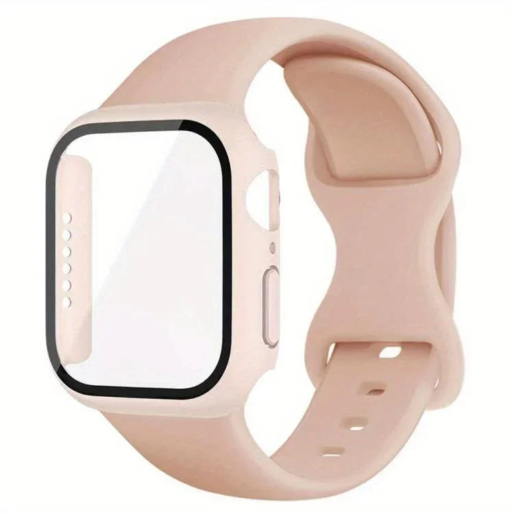 Dây đồng hồ silicone khóa bướm kèm ốp PC tích hợp kính cường lực, dành cho Apple Watch Series 44mm, dành cho Apple Watch Series 40mm, dành cho Apple Watch Series 10 / 11 46mm, dành cho Apple Watch Series 10 / 11 42mm, dành cho Apple Watch Series 45mm