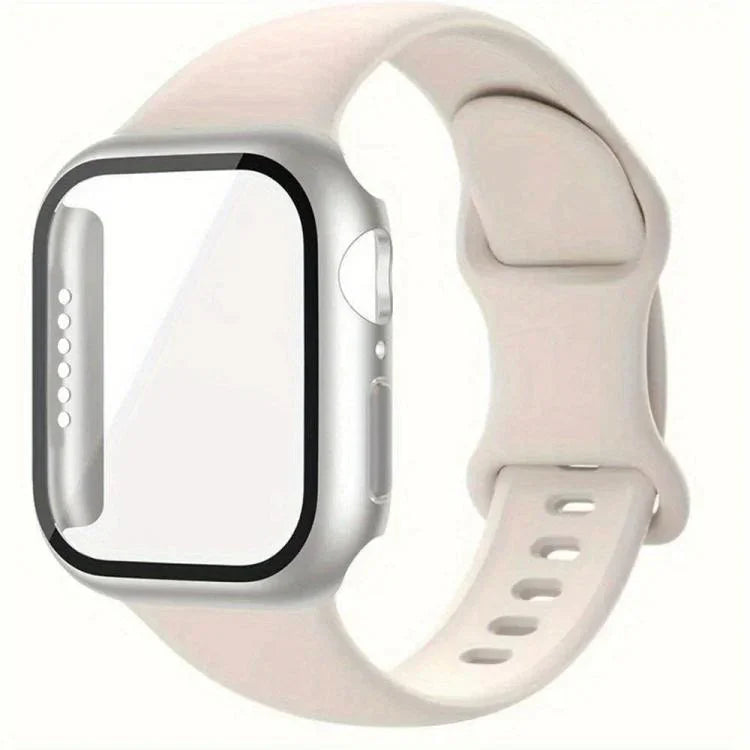 Dây đồng hồ silicone khóa bướm kèm ốp PC tích hợp kính cường lực, dành cho Apple Watch Series 44mm, dành cho Apple Watch Series 40mm, dành cho Apple Watch Series 10 / 11 46mm, dành cho Apple Watch Series 10 / 11 42mm, dành cho Apple Watch Series 45mm