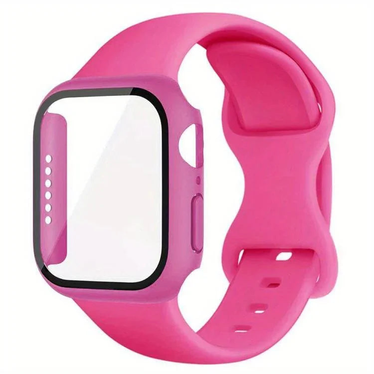 Dây đồng hồ silicone khóa bướm kèm ốp PC tích hợp kính cường lực, dành cho Apple Watch Series 44mm, dành cho Apple Watch Series 40mm, dành cho Apple Watch Series 10 / 11 46mm, dành cho Apple Watch Series 10 / 11 42mm, dành cho Apple Watch Series 45mm