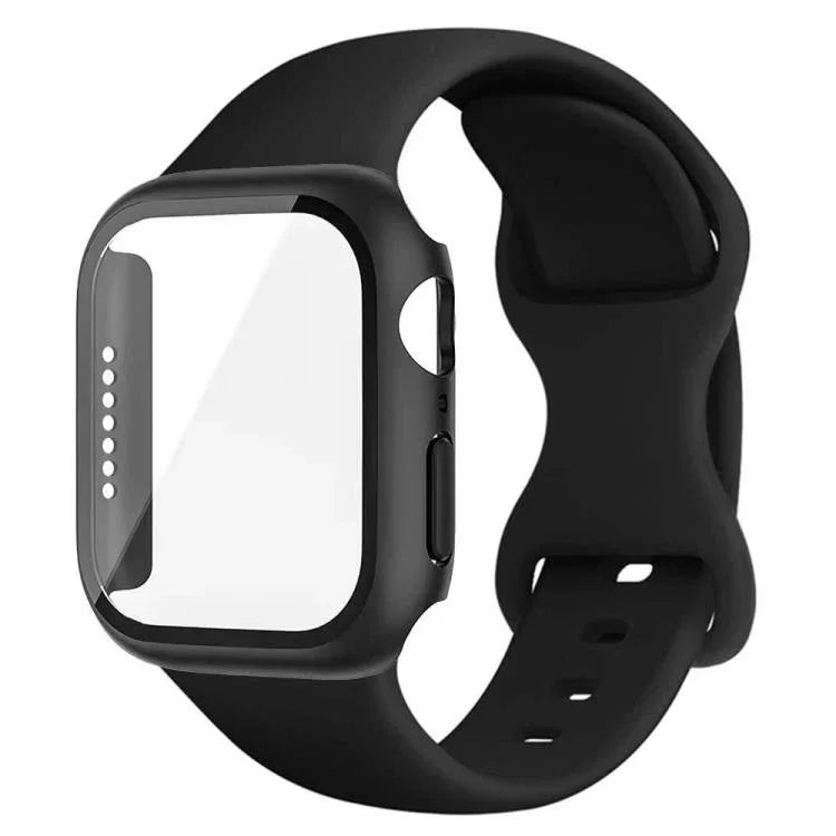 Dây đồng hồ silicone khóa bướm kèm ốp PC tích hợp kính cường lực, dành cho Apple Watch Series 44mm, dành cho Apple Watch Series 40mm, dành cho Apple Watch Series 10 / 11 46mm, dành cho Apple Watch Series 10 / 11 42mm, dành cho Apple Watch Series 45mm