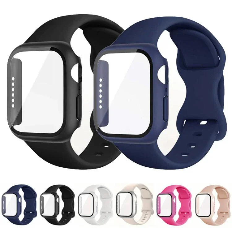 Dây đồng hồ silicone khóa bướm kèm ốp PC tích hợp kính cường lực, dành cho Apple Watch Series 44mm, dành cho Apple Watch Series 40mm, dành cho Apple Watch Series 10 / 11 46mm, dành cho Apple Watch Series 10 / 11 42mm, dành cho Apple Watch Series 45mm