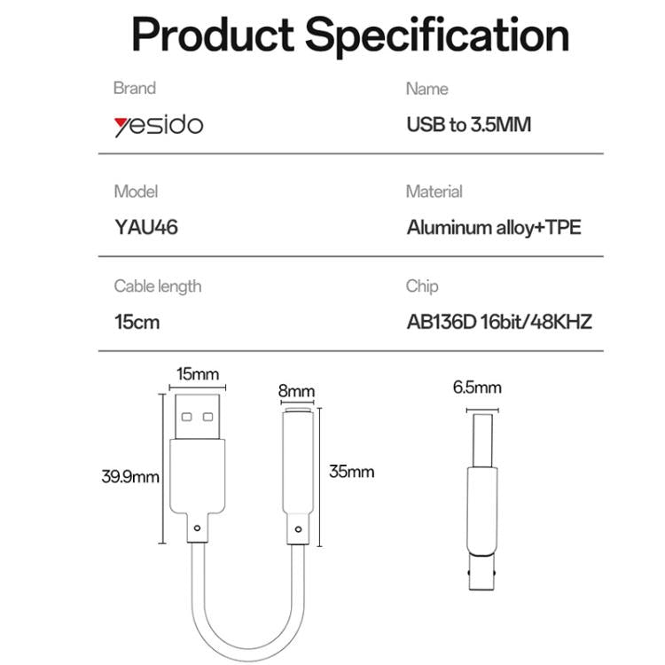 Bộ chuyển đổi âm thanh USB sang 3.5mm hợp kim nhôm Yesido YAU46, YAU46