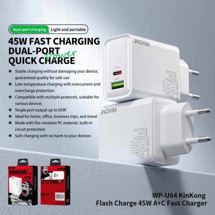 WK WP-U64 Sạc nhanh Kinkong Flash Charge 45W cổng USB+Type-C, phích cắm EU, phích cắm UK, phích cắm US