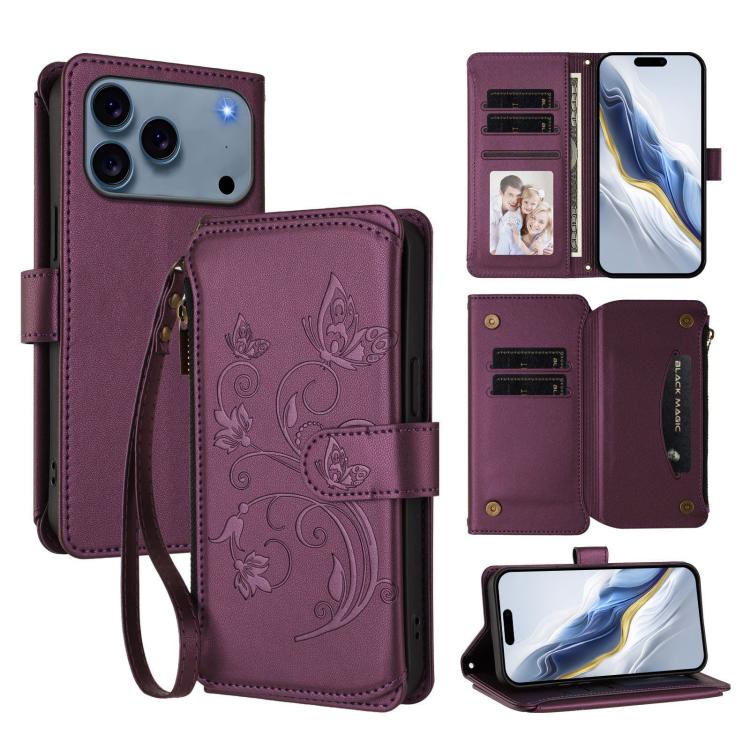 Ví da ốp lưng điện thoại Butterfly Love Flower nhiều thẻ có khóa kéo, dành cho iPhone 17e / 16e, iPhone 17 Pro Max, iPhone 17 Pro, iPhone 17, iPhone Air, iPhone 16 Pro Max