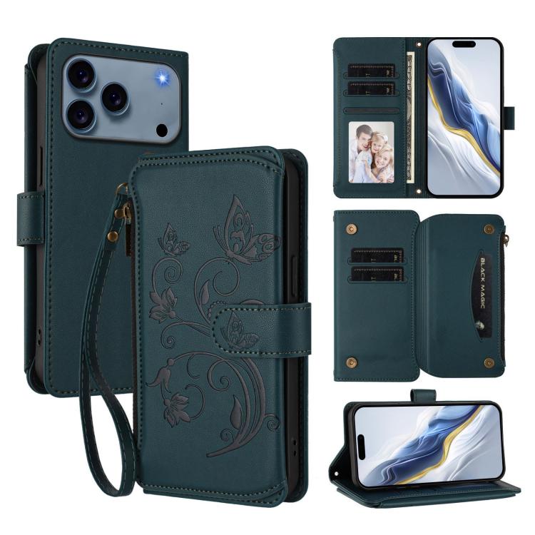 Ví da ốp lưng điện thoại Butterfly Love Flower nhiều thẻ có khóa kéo, dành cho iPhone 17e / 16e, iPhone 17 Pro Max, iPhone 17 Pro, iPhone 17, iPhone Air, iPhone 16 Pro Max
