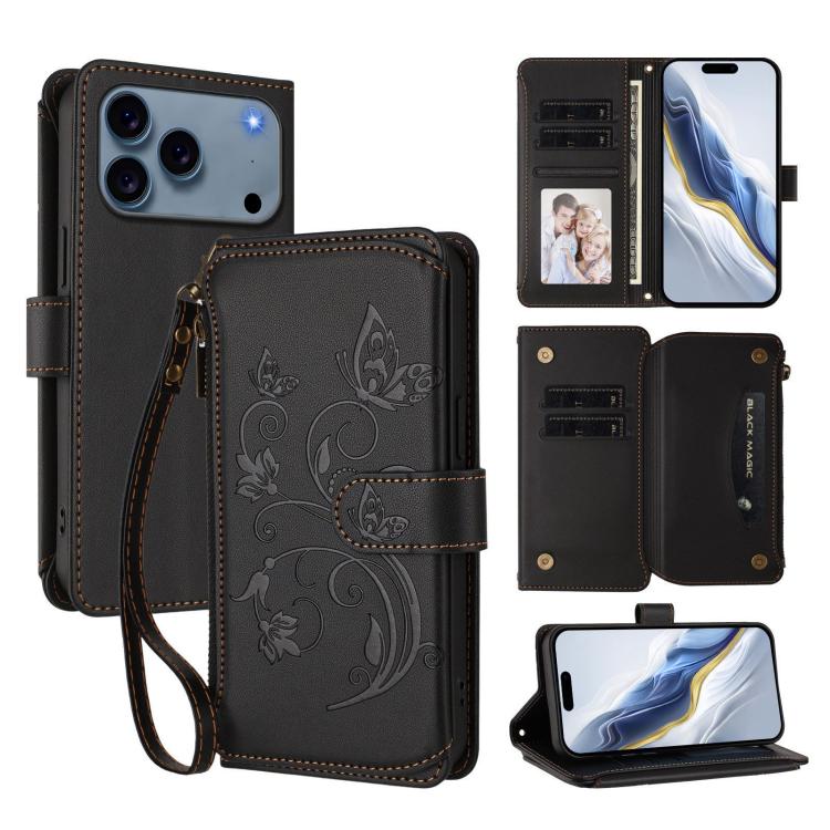 Ví da ốp lưng điện thoại Butterfly Love Flower nhiều thẻ có khóa kéo, dành cho iPhone 17e / 16e, iPhone 17 Pro Max, iPhone 17 Pro, iPhone 17, iPhone Air, iPhone 16 Pro Max