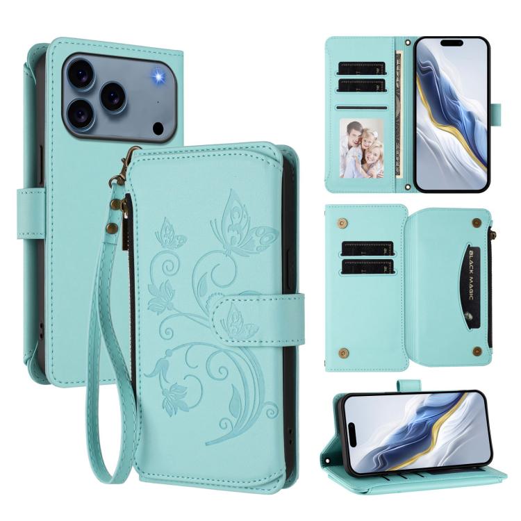 Ví da ốp lưng điện thoại Butterfly Love Flower nhiều thẻ có khóa kéo, dành cho iPhone 17e / 16e, iPhone 17 Pro Max, iPhone 17 Pro, iPhone 17, iPhone Air, iPhone 16 Pro Max