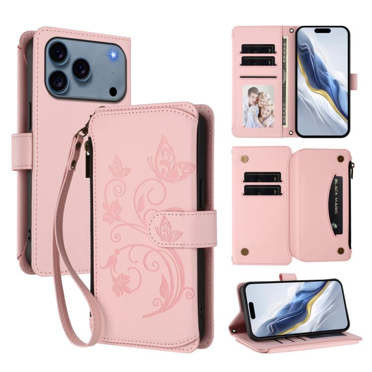 Ví da ốp lưng điện thoại Butterfly Love Flower nhiều thẻ có khóa kéo, dành cho iPhone 17e / 16e, iPhone 17 Pro Max, iPhone 17 Pro, iPhone 17, iPhone Air, iPhone 16 Pro Max