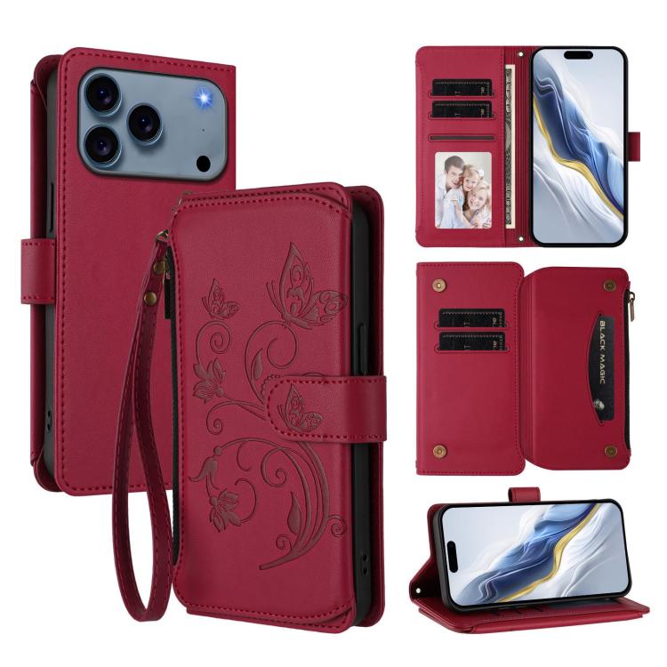 Ví da ốp lưng điện thoại Butterfly Love Flower nhiều thẻ có khóa kéo, dành cho iPhone 17e / 16e, iPhone 17 Pro Max, iPhone 17 Pro, iPhone 17, iPhone Air, iPhone 16 Pro Max