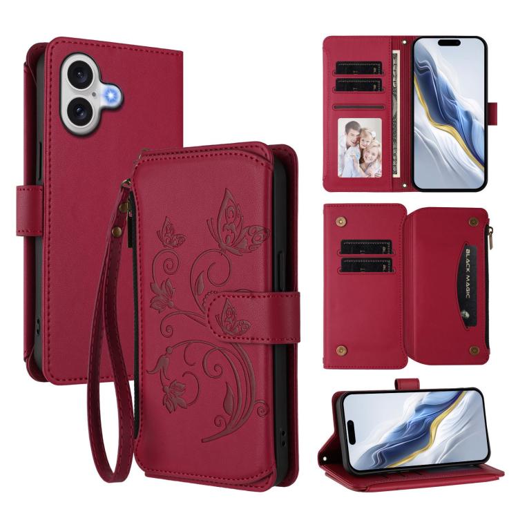 Ví da ốp lưng điện thoại Butterfly Love Flower nhiều thẻ có khóa kéo, dành cho iPhone 17e / 16e, iPhone 17 Pro Max, iPhone 17 Pro, iPhone 17, iPhone Air, iPhone 16 Pro Max