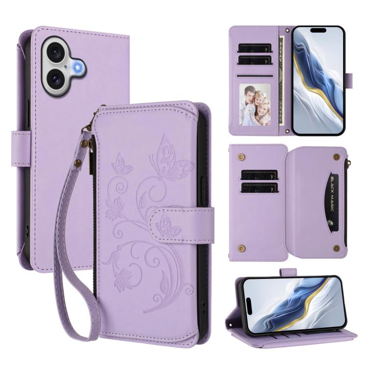 Ví da ốp lưng điện thoại Butterfly Love Flower nhiều thẻ có khóa kéo, dành cho iPhone 17e / 16e, iPhone 17 Pro Max, iPhone 17 Pro, iPhone 17, iPhone Air, iPhone 16 Pro Max