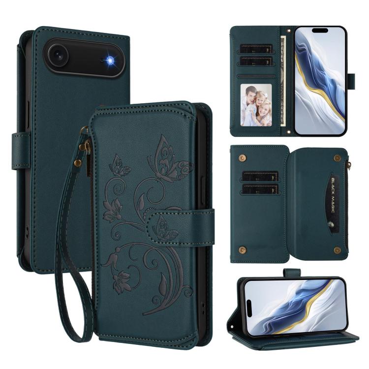 Ví da ốp lưng điện thoại Butterfly Love Flower nhiều thẻ có khóa kéo, dành cho iPhone 17e / 16e, iPhone 17 Pro Max, iPhone 17 Pro, iPhone 17, iPhone Air, iPhone 16 Pro Max