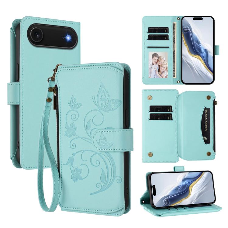 Ví da ốp lưng điện thoại Butterfly Love Flower nhiều thẻ có khóa kéo, dành cho iPhone 17e / 16e, iPhone 17 Pro Max, iPhone 17 Pro, iPhone 17, iPhone Air, iPhone 16 Pro Max