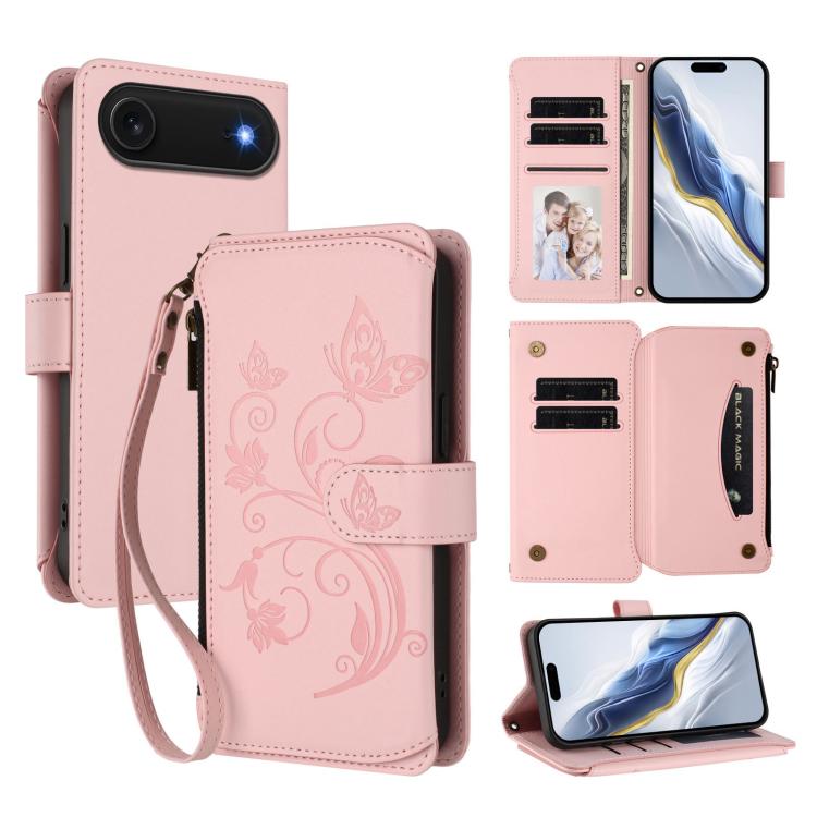 Ví da ốp lưng điện thoại Butterfly Love Flower nhiều thẻ có khóa kéo, dành cho iPhone 17e / 16e, iPhone 17 Pro Max, iPhone 17 Pro, iPhone 17, iPhone Air, iPhone 16 Pro Max