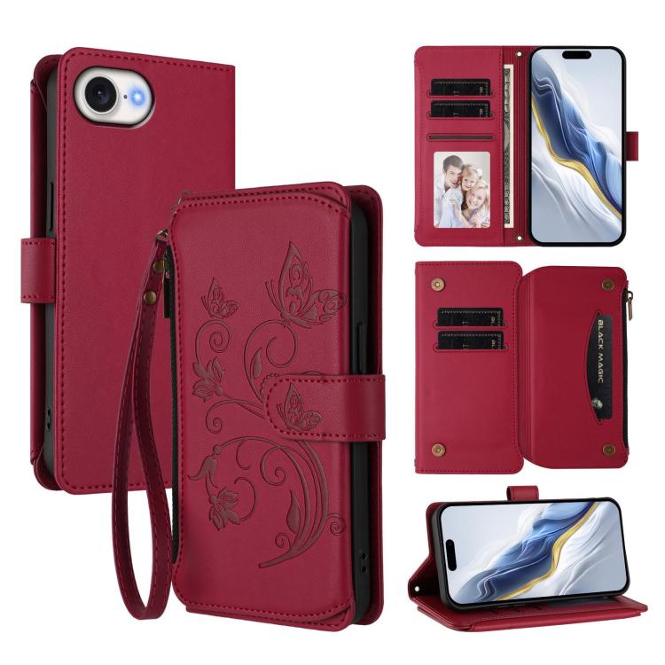 Ví da ốp lưng điện thoại Butterfly Love Flower nhiều thẻ có khóa kéo, dành cho iPhone 17e / 16e, iPhone 17 Pro Max, iPhone 17 Pro, iPhone 17, iPhone Air, iPhone 16 Pro Max