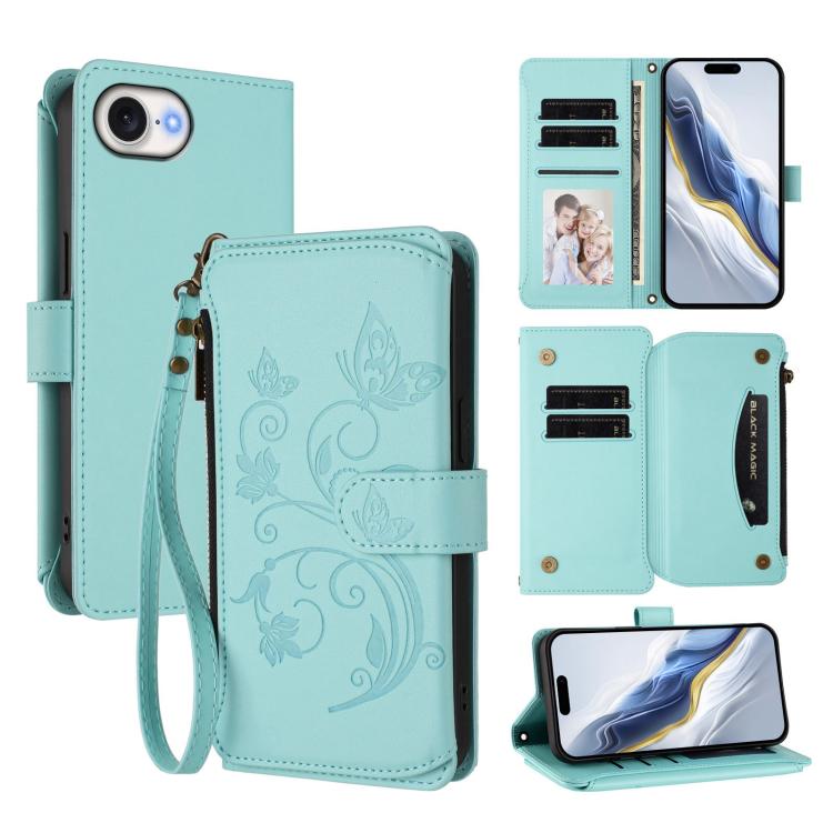 Ví da ốp lưng điện thoại Butterfly Love Flower nhiều thẻ có khóa kéo, dành cho iPhone 17e / 16e, iPhone 17 Pro Max, iPhone 17 Pro, iPhone 17, iPhone Air, iPhone 16 Pro Max