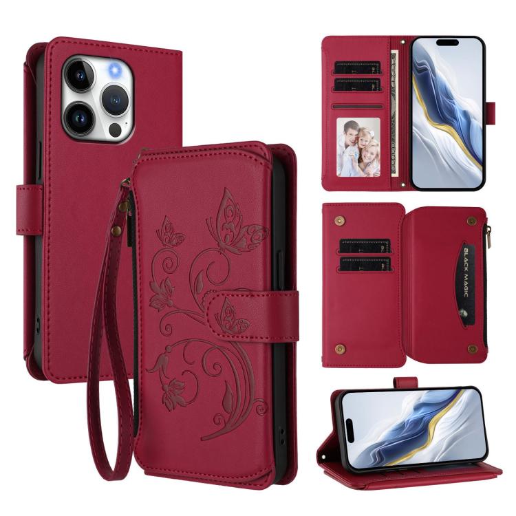 Ví da ốp lưng điện thoại Butterfly Love Flower nhiều thẻ có khóa kéo, dành cho iPhone 17e / 16e, iPhone 17 Pro Max, iPhone 17 Pro, iPhone 17, iPhone Air, iPhone 16 Pro Max