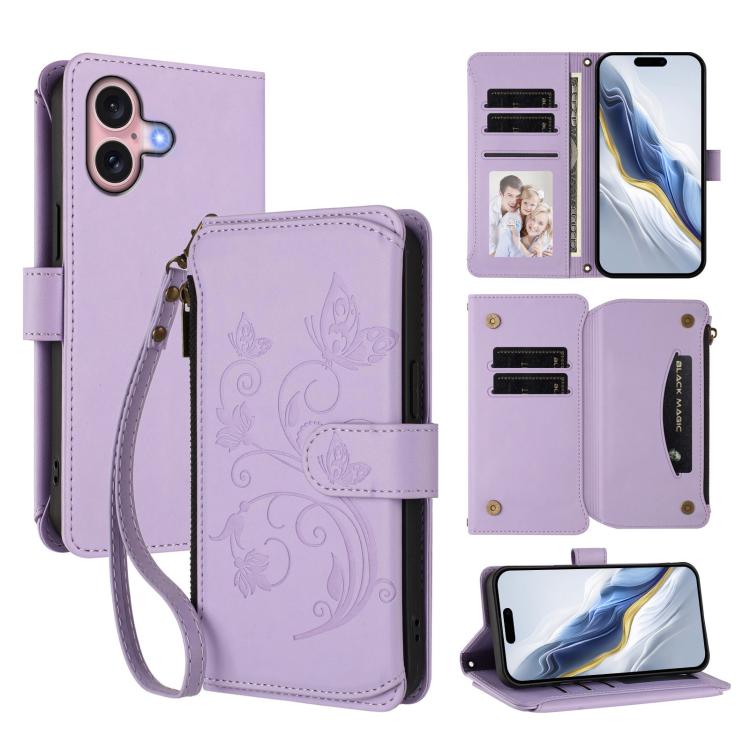 Ví da ốp lưng điện thoại Butterfly Love Flower nhiều thẻ có khóa kéo, dành cho iPhone 16 Pro, iPhone 16 Plus, iPhone 16, iPhone 15 Pro Max, iPhone 15 Pro, iPhone 15 Plus