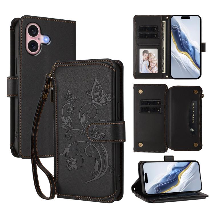 Ví da ốp lưng điện thoại Butterfly Love Flower nhiều thẻ có khóa kéo, dành cho iPhone 16 Pro, iPhone 16 Plus, iPhone 16, iPhone 15 Pro Max, iPhone 15 Pro, iPhone 15 Plus