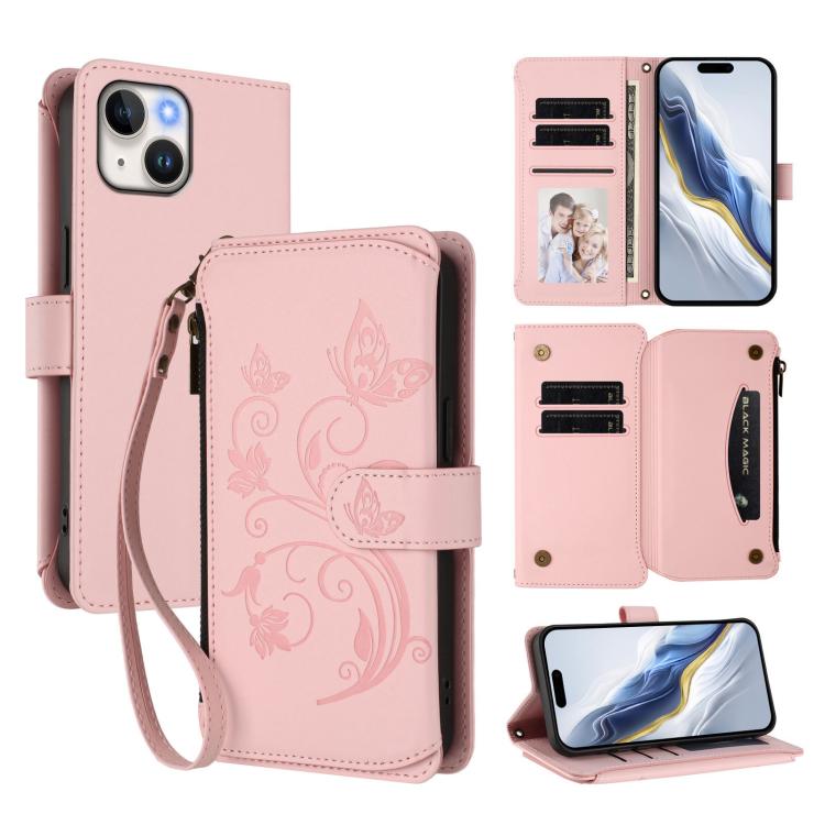 Ví da ốp lưng điện thoại Butterfly Love Flower nhiều thẻ có khóa kéo, dành cho iPhone 16 Pro, iPhone 16 Plus, iPhone 16, iPhone 15 Pro Max, iPhone 15 Pro, iPhone 15 Plus