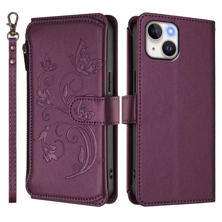 Ốp lưng điện thoại ví da có khóa kéo đa thẻ họa tiết hoa tình yêu bướm, dành cho iPhone 15, iPhone 14 Plus, iPhone 14 / 13, iPhone 14 Pro, iPhone 14 Pro Max, iPhone 7 / 8 / SE 2022