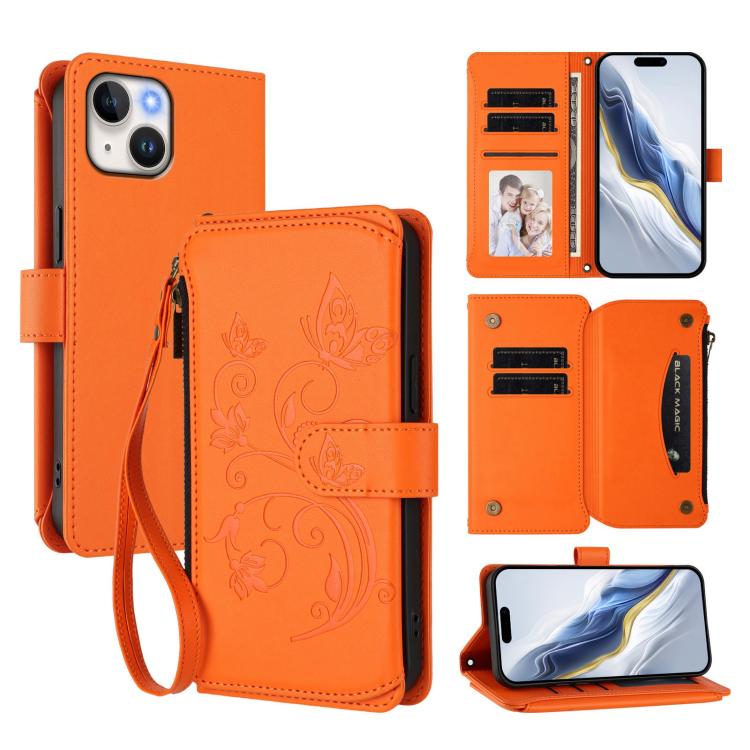 Ốp lưng điện thoại ví da có khóa kéo đa thẻ họa tiết hoa tình yêu bướm, dành cho iPhone 15, iPhone 14 Plus, iPhone 14 / 13, iPhone 14 Pro, iPhone 14 Pro Max, iPhone 7 / 8 / SE 2022