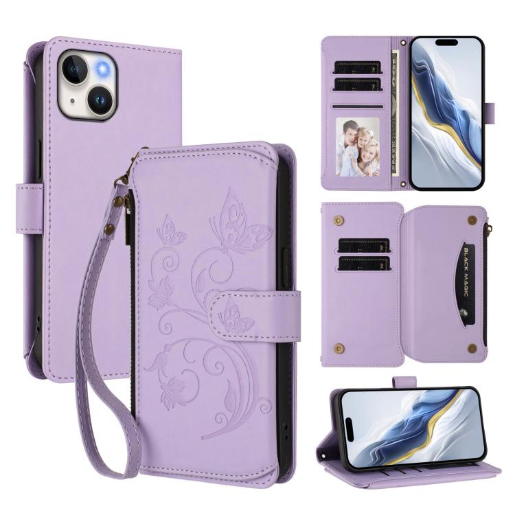 Ốp lưng điện thoại ví da có khóa kéo đa thẻ họa tiết hoa tình yêu bướm, dành cho iPhone 15, iPhone 14 Plus, iPhone 14 / 13, iPhone 14 Pro, iPhone 14 Pro Max, iPhone 7 / 8 / SE 2022