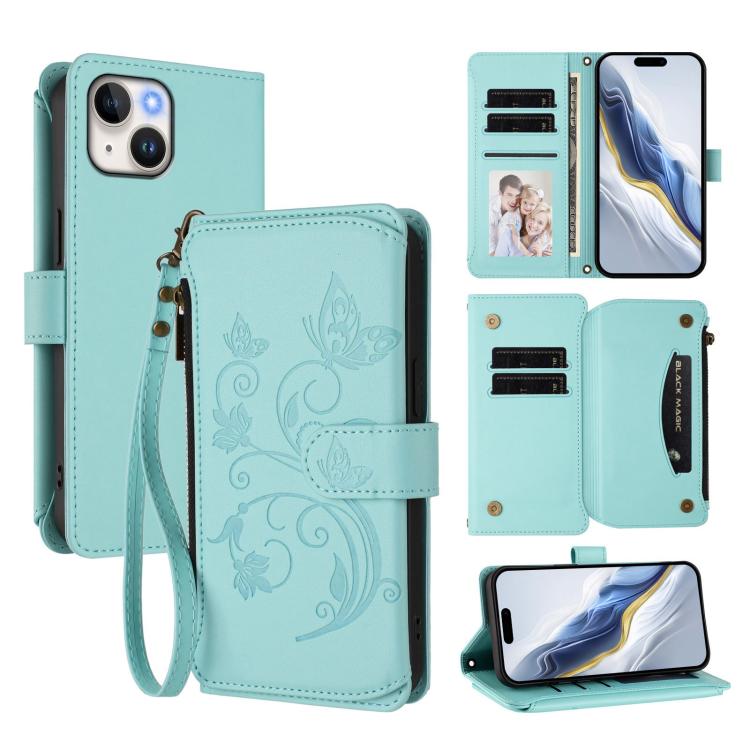 Ốp lưng điện thoại ví da có khóa kéo đa thẻ họa tiết hoa tình yêu bướm, dành cho iPhone 15, iPhone 14 Plus, iPhone 14 / 13, iPhone 14 Pro, iPhone 14 Pro Max, iPhone 7 / 8 / SE 2022