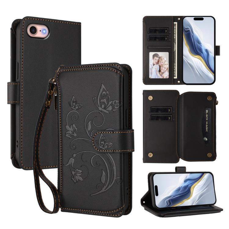 Ốp lưng điện thoại ví da có khóa kéo đa thẻ họa tiết hoa tình yêu bướm, dành cho iPhone 15, iPhone 14 Plus, iPhone 14 / 13, iPhone 14 Pro, iPhone 14 Pro Max, iPhone 7 / 8 / SE 2022
