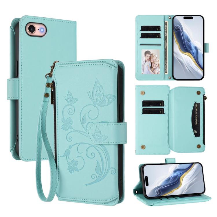 Ốp lưng điện thoại ví da có khóa kéo đa thẻ họa tiết hoa tình yêu bướm, dành cho iPhone 15, iPhone 14 Plus, iPhone 14 / 13, iPhone 14 Pro, iPhone 14 Pro Max, iPhone 7 / 8 / SE 2022